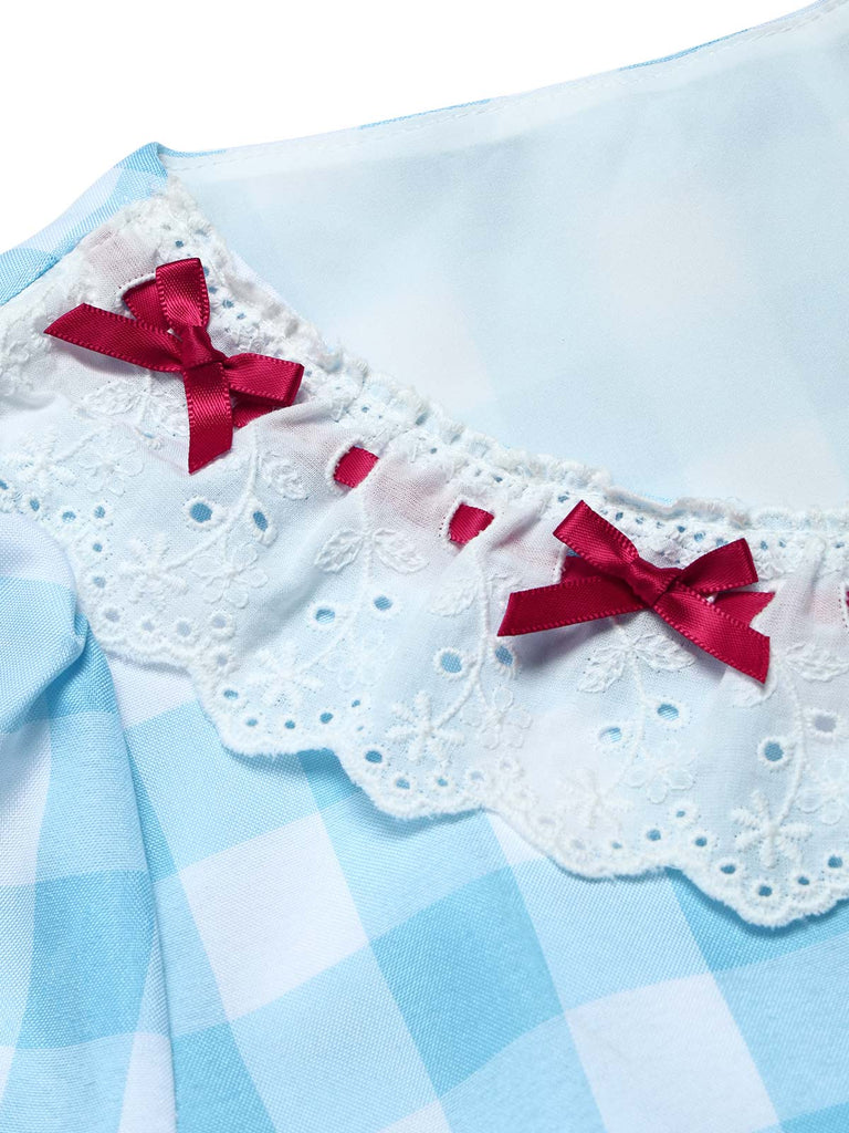 Weißes & Blaues 40er Kleid mit Rüschen und Schleife
