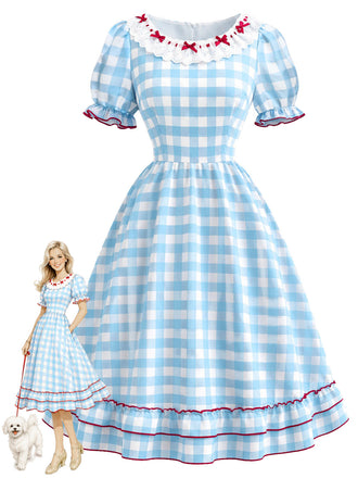 Weißes & Blaues 40er Kleid mit Rüschen und Schleife