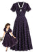 Dunkelviolettes 30er Blumenkleid mit V-Ausschnitt und Spitzenbesatz