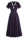 Dunkelviolettes 30er Blumenkleid mit V-Ausschnitt und Spitzenbesatz