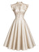 Beige 50er Satin-Swingkleid mit Flügelärmeln und V-Ausschnitt