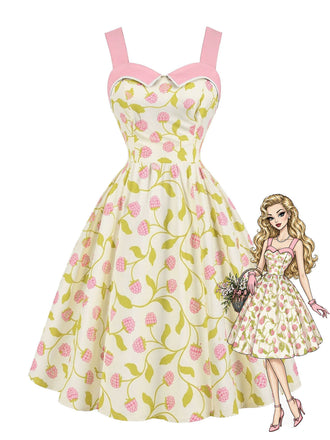 Grünes 50er Kleid mit Träger und Print