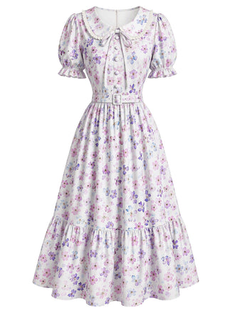 Grauviolettes 40er Blumenkleid mit Bubikragen und Puffärmeln