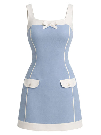 Blaues 60er Kleid mit Eckiger Ausschnitt und Schleife