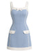 Blaues 60er Kleid mit Eckiger Ausschnitt und Schleife