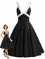 [Vorverkauf] Schwarzes 50er Swingkleid mit Kontrast-V-Ausschnitt und Doppelknöpfen