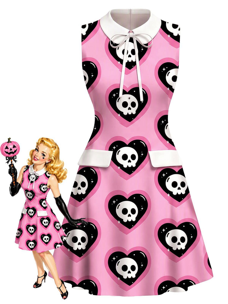 [Vorverkauf] Rosa 60er Gothic-Kleid mit Totenkopf-Herz-Print und Peter-Pan-Kragen