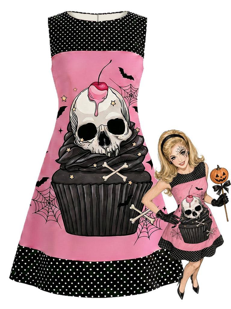 [Vorverkauf] Rosa 60er Gothic-Kleid mit Totenkopf-Cupcake und Polka-Dots
