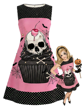 [Vorverkauf] Rosa 60er Gothic-Kleid mit Totenkopf-Cupcake und Polka-Dots