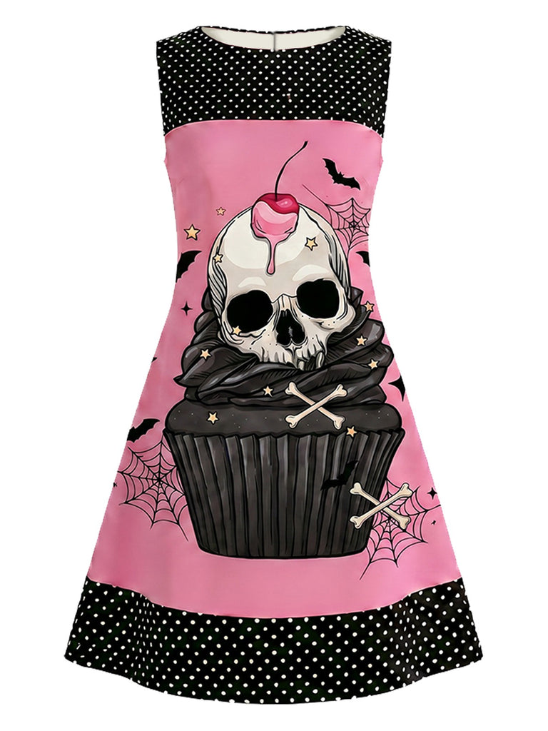 [Vorverkauf] Rosa 60er Gothic-Kleid mit Totenkopf-Cupcake und Polka-Dots