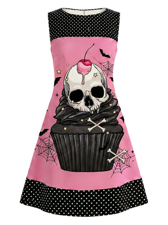 [Vorverkauf] Rosa 60er Gothic-Kleid mit Totenkopf-Cupcake und Polka-Dots