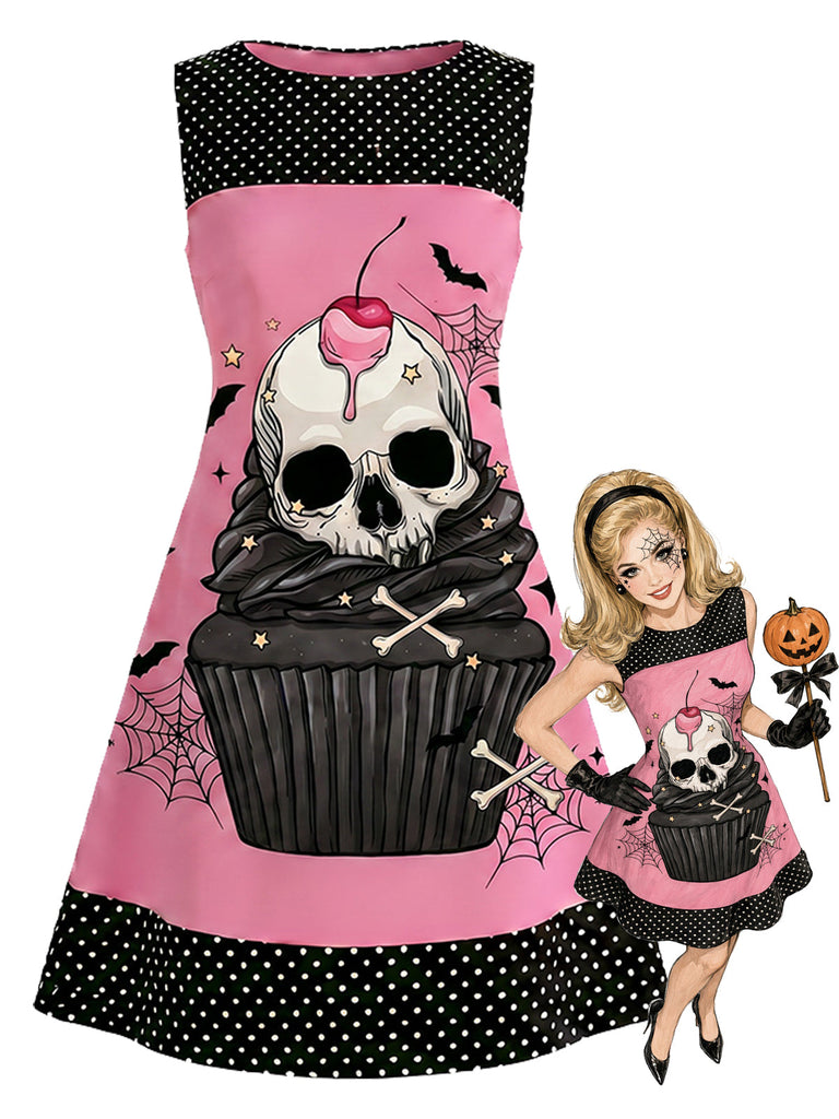 Rosa 60er Kleid mit Totenkopf-Cupcake-Print
