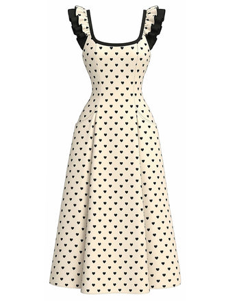 [Vorverkauf] Elfenbeinfarbenes 40er Kleid mit Herzen und Rüschenträgern