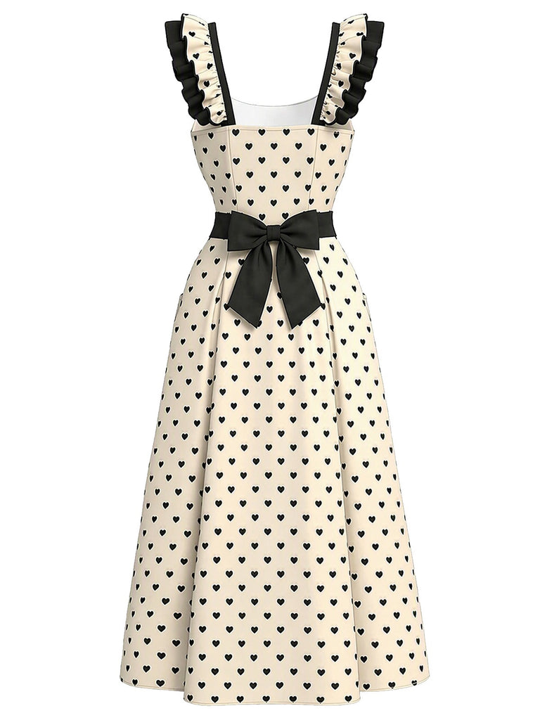 [Vorverkauf] Elfenbeinfarbenes 40er Kleid mit Herzen und Rüschenträgern