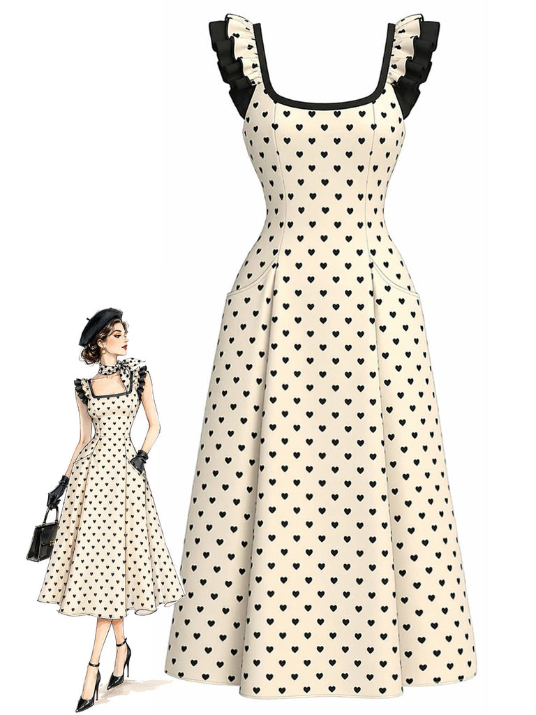 Elfenbeinfarbenes 40er Swingkleid mit Herzen