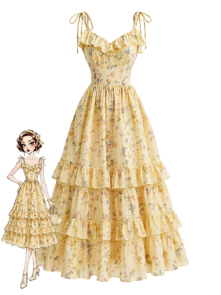 Gelbes 50er Kleid mit Blumen und Rüschen
