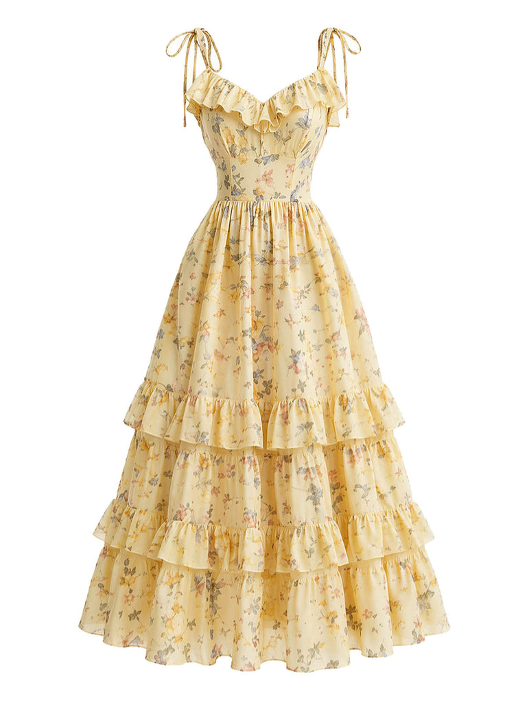 Gelbes 50er Kleid mit Blumen und Rüschen