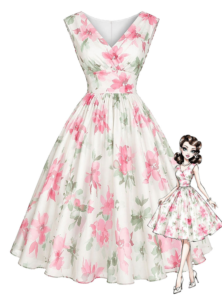 Rosa 50er Kleid mit V-Ausschnitt und Blumen