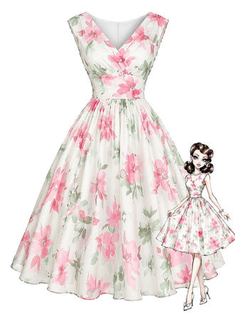 Rosa 50er Kleid mit V-Ausschnitt und Blumen