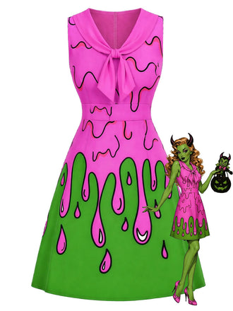 [Vorverkauf] 60er Ärmelloses Kleid mit Schluppe und Slime-Print