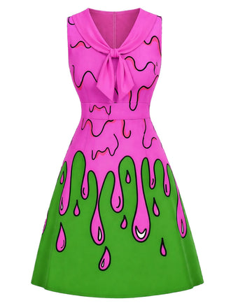 [Vorverkauf] 60er Ärmelloses Kleid mit Schluppe und Slime-Print