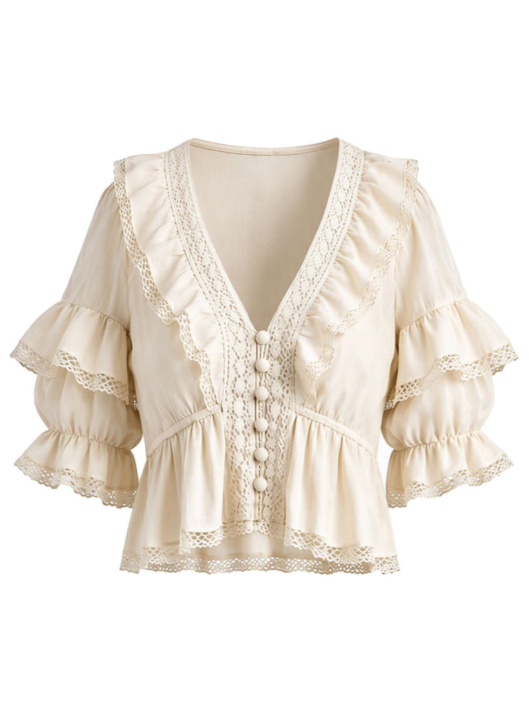 Beige 70er Boho Bluse mit Puffärmel und Rüschen