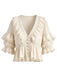 Beige 70er Boho Bluse mit Rüschen und Spitze