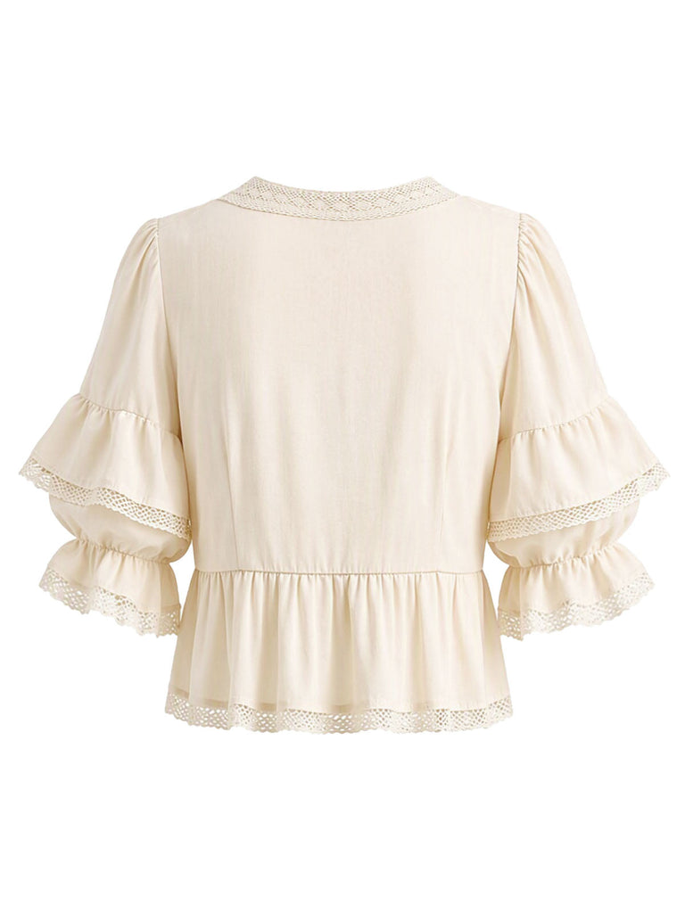 Beige 70er Boho Bluse mit Puffärmel und Rüschen