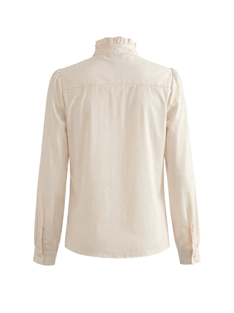 Elfenbeinfarbene 40er Bluse mit Schleife und Rüschen