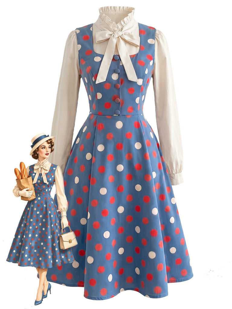 50er Set mit Polka-Dot-Kleid und Schleifen-Rüschenbluse