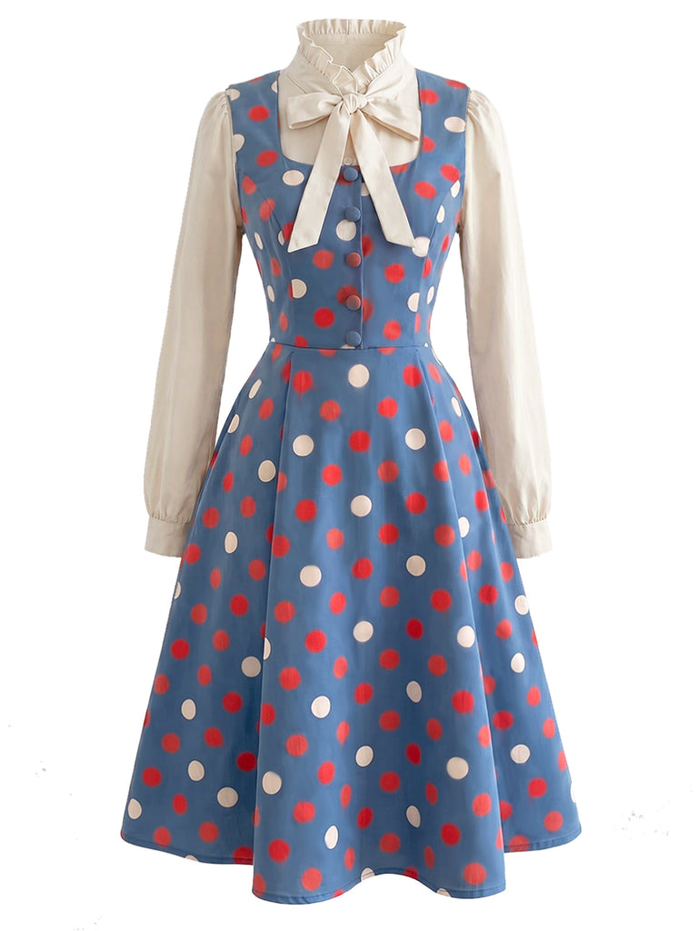 50er Set mit Polka-Dot-Kleid und Schleifen-Rüschenbluse