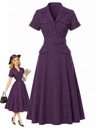 [Vorverkauf] Tiefviolettes 40er Hemdblusenkleid mit Nadelstreifen und Gürtel