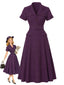 [Vorverkauf] Tiefviolettes 40er Hemdblusenkleid mit Nadelstreifen und Gürtel