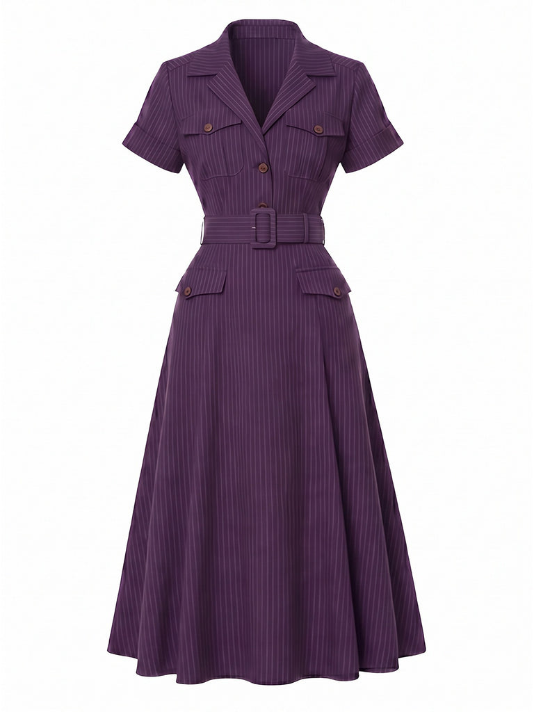 [Vorverkauf] Tiefviolettes 40er Hemdblusenkleid mit Nadelstreifen und Gürtel