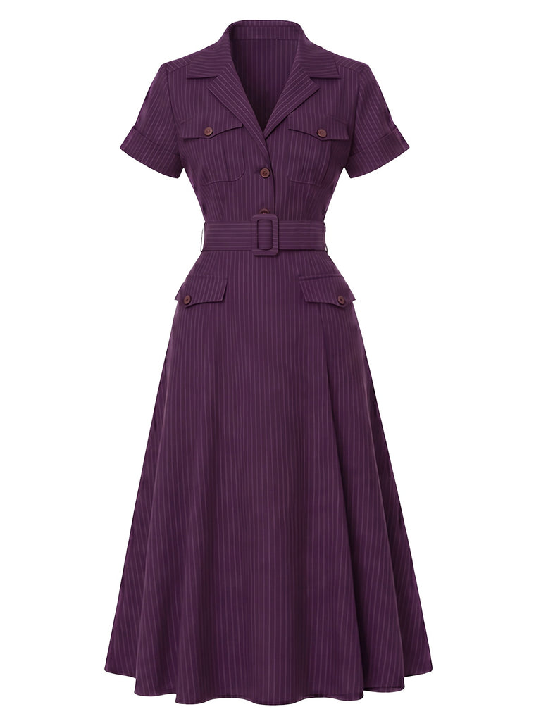 [Vorverkauf] Tiefviolettes 40er Hemdblusenkleid mit Nadelstreifen und Gürtel