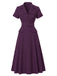 [Vorverkauf] Tiefviolettes 40er Hemdblusenkleid mit Nadelstreifen und Gürtel