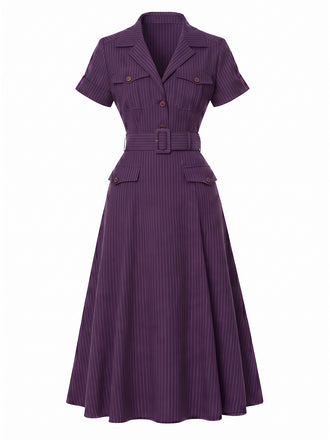 [Vorverkauf] Tiefviolettes 40er Hemdblusenkleid mit Nadelstreifen und Gürtel
