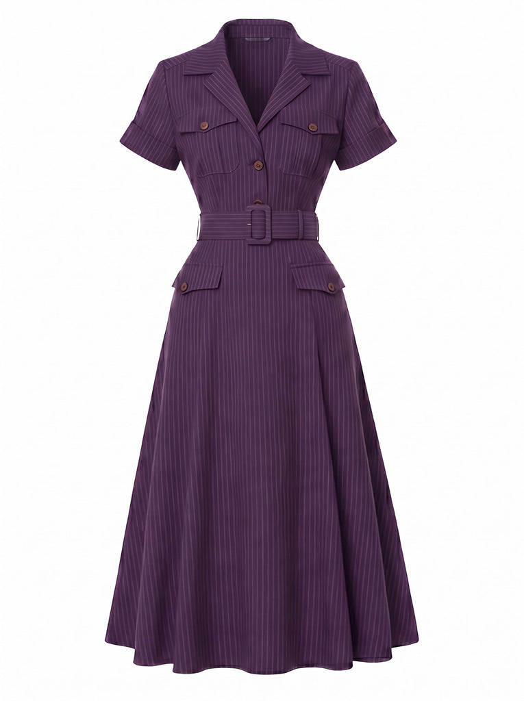 Lila 40er Hemdblusenkleid mit Nadelstreifen