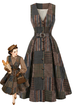 Braunes ärmelloses 40er A-Linien-Kleid mit Patchwork-Karos und Gürtel