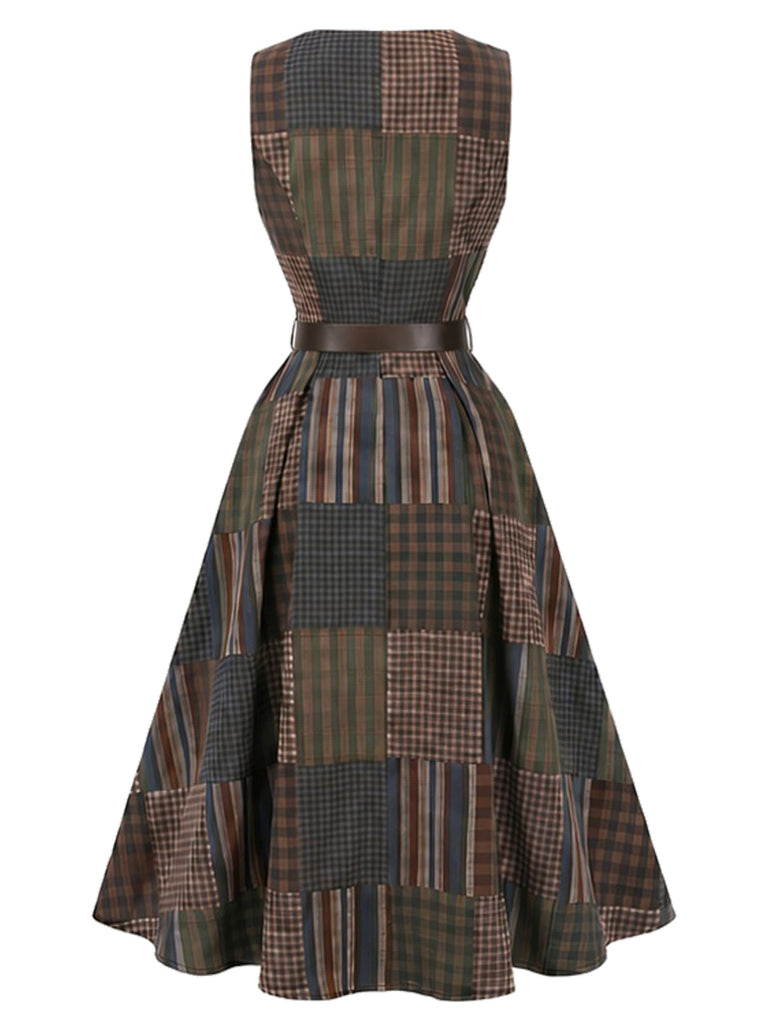 Braunes ärmelloses 40er A-Linien-Kleid mit Patchwork-Karos und Gürtel