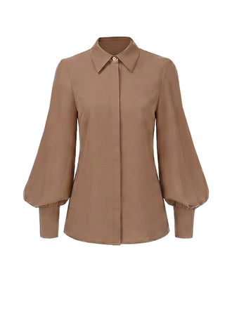 Braune 40er Bluse mit Ballonärmeln und verdeckter Knopfleiste