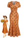 Orange 30er Satin-Kleid mit Polka-Dots und V-Ausschnitt