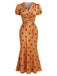 Orange 30er Satin-Kleid mit Polka-Dots und V-Ausschnitt