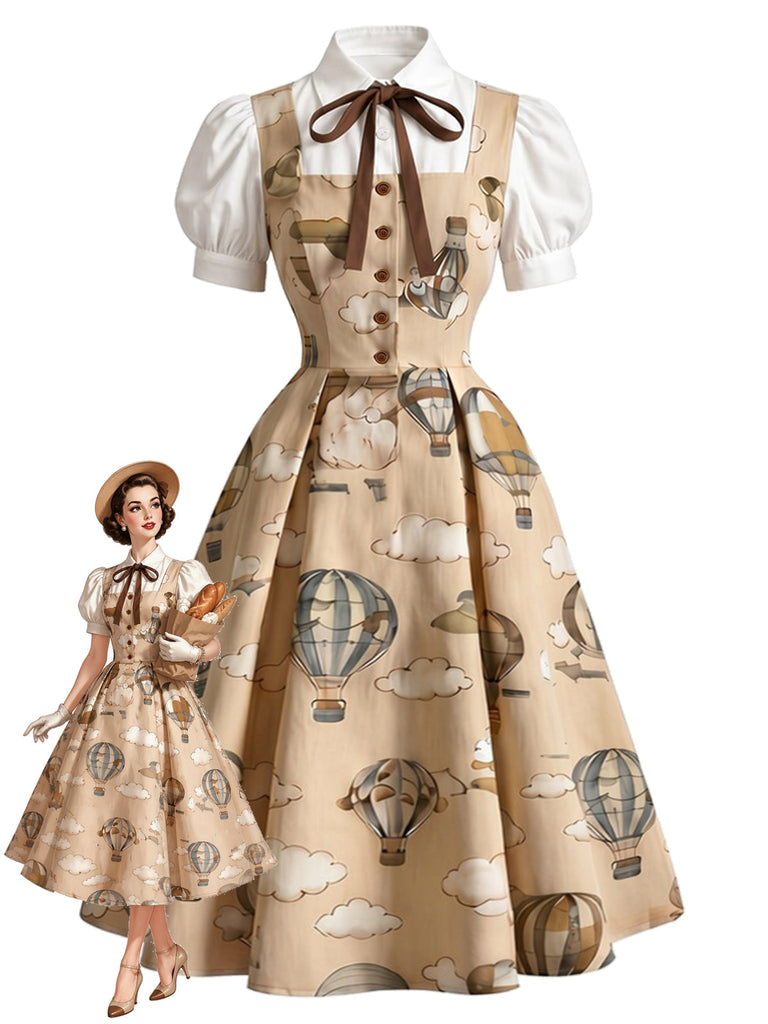 Khaki 50er Faux-Zweiteiler-Kleid mit Heißluftballon-Print