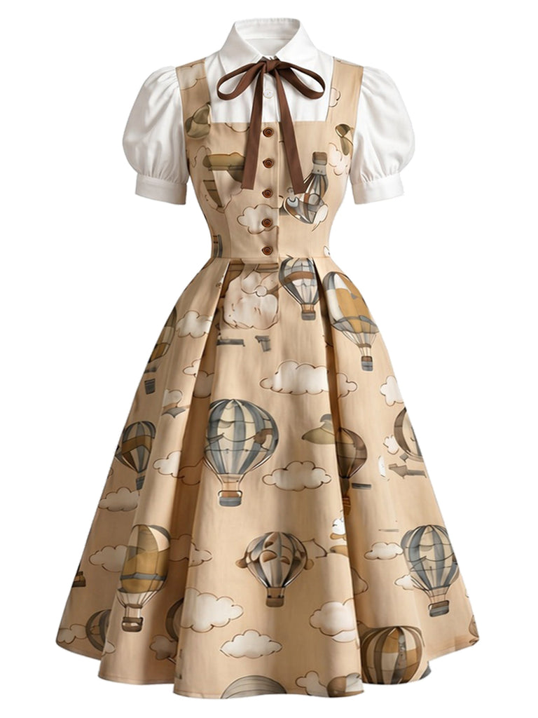 Khaki 50er Faux-Zweiteiler-Kleid mit Heißluftballon-Print