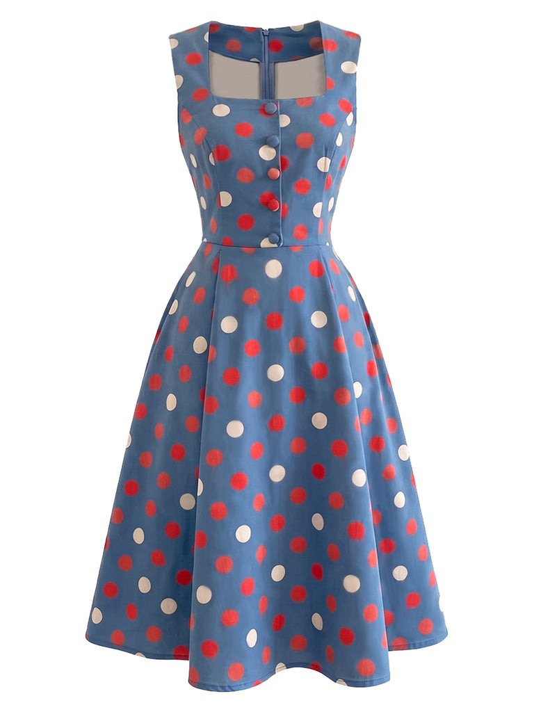 Blaues 50er Kleid mit Polka-Dots und Karree-Ausschnitt