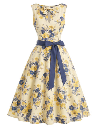 Mehrfarbiges 50er Kleid mit Blumen und Schleife