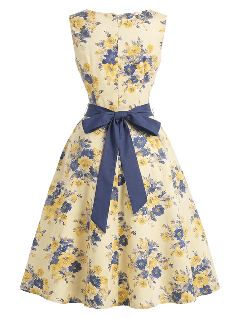 Mehrfarbiges 50er Kleid mit Blumen und Schleife