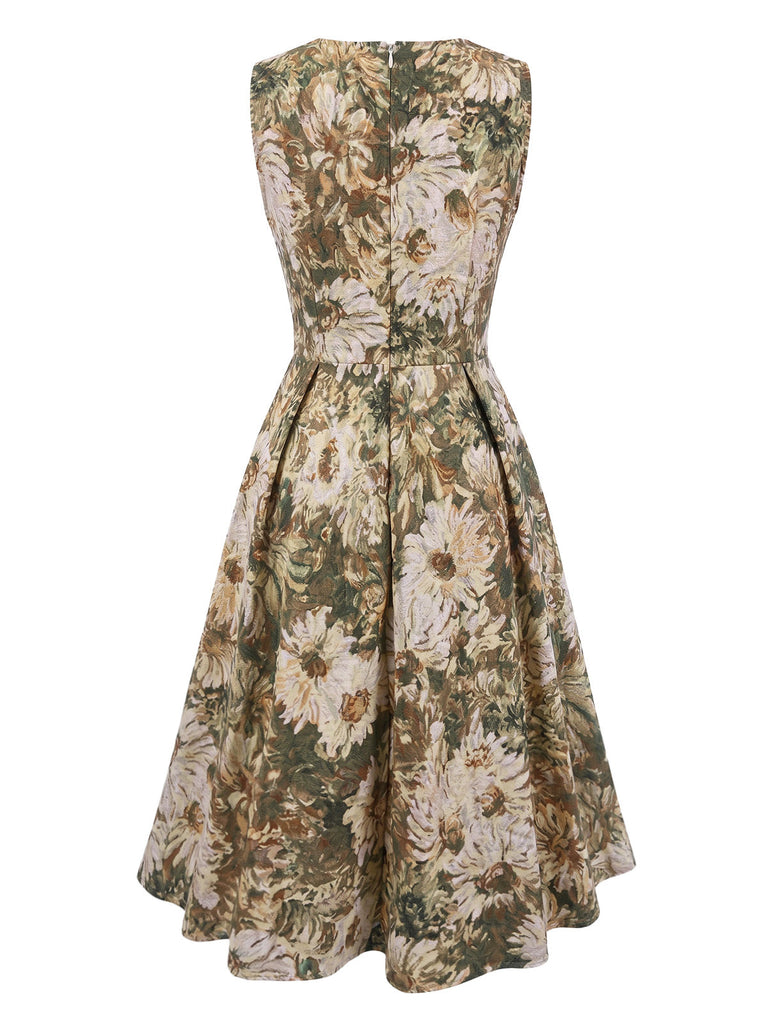 Grünes 50er Swingkleid mit Blumen und Schlag
