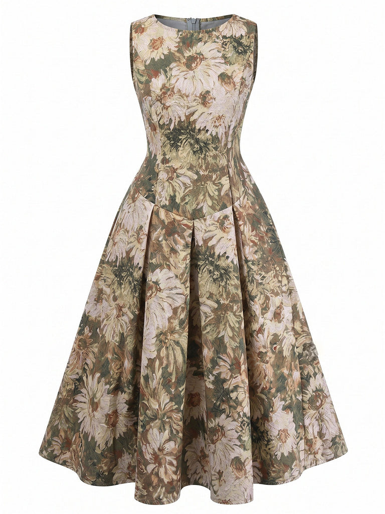 Grünes 50er Swingkleid mit Blumen und Schlag